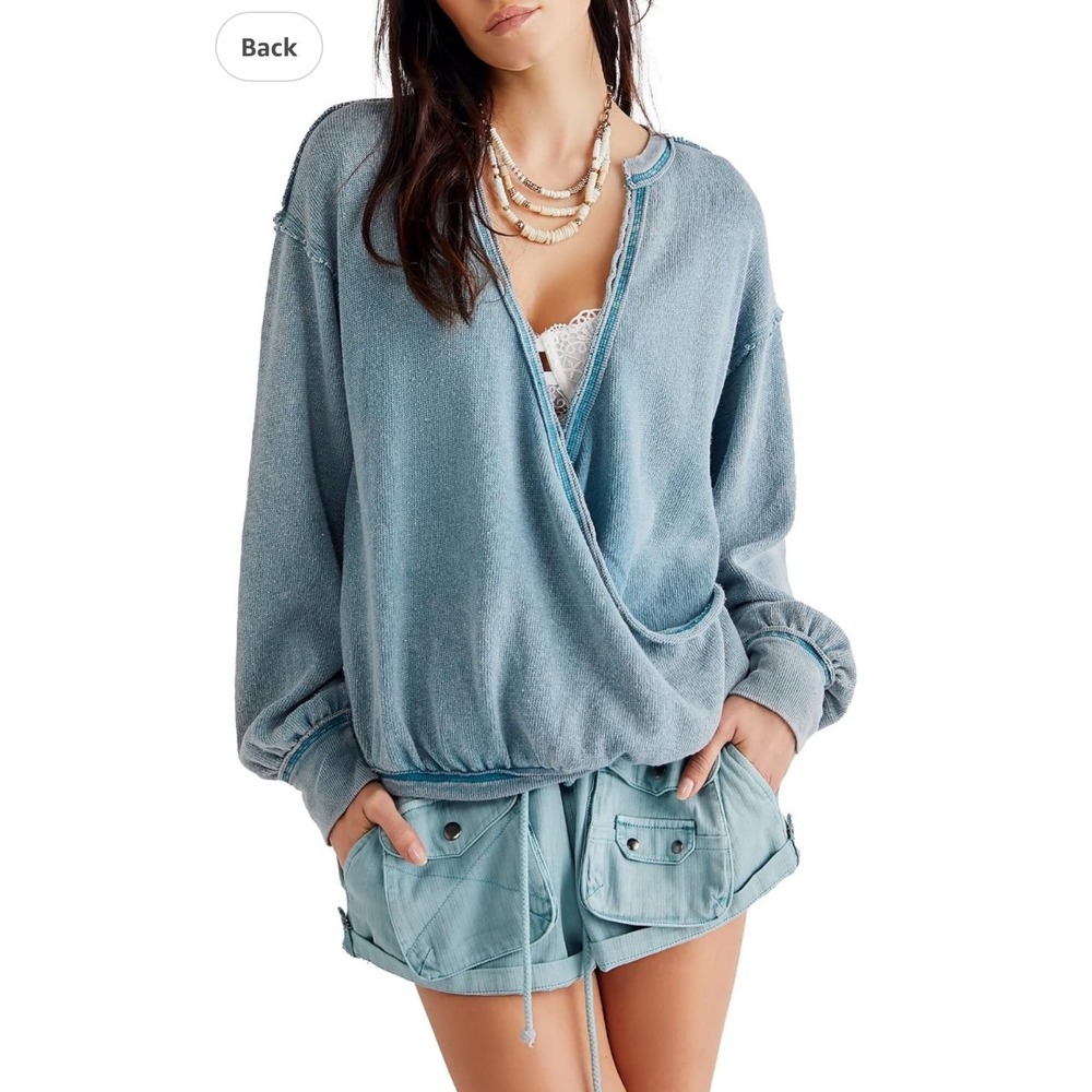 Free People We The Free Teal Surplice Wrap Sweatshirt Oversized Raw Seam Size S